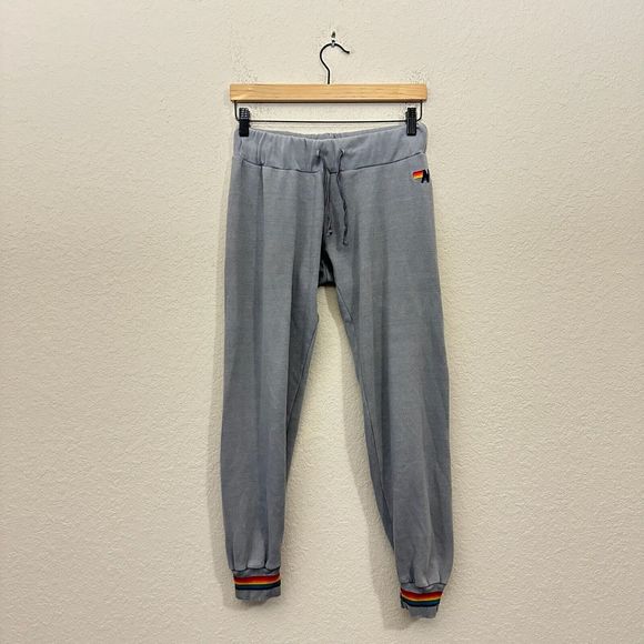 AVIATOR NATION Rainbow Ribbed Trim Sweatpants in Grey *RARE* - Picture 2 of 10